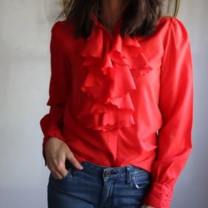 Vintage Ruffle Blouse 80s 90s Small Red